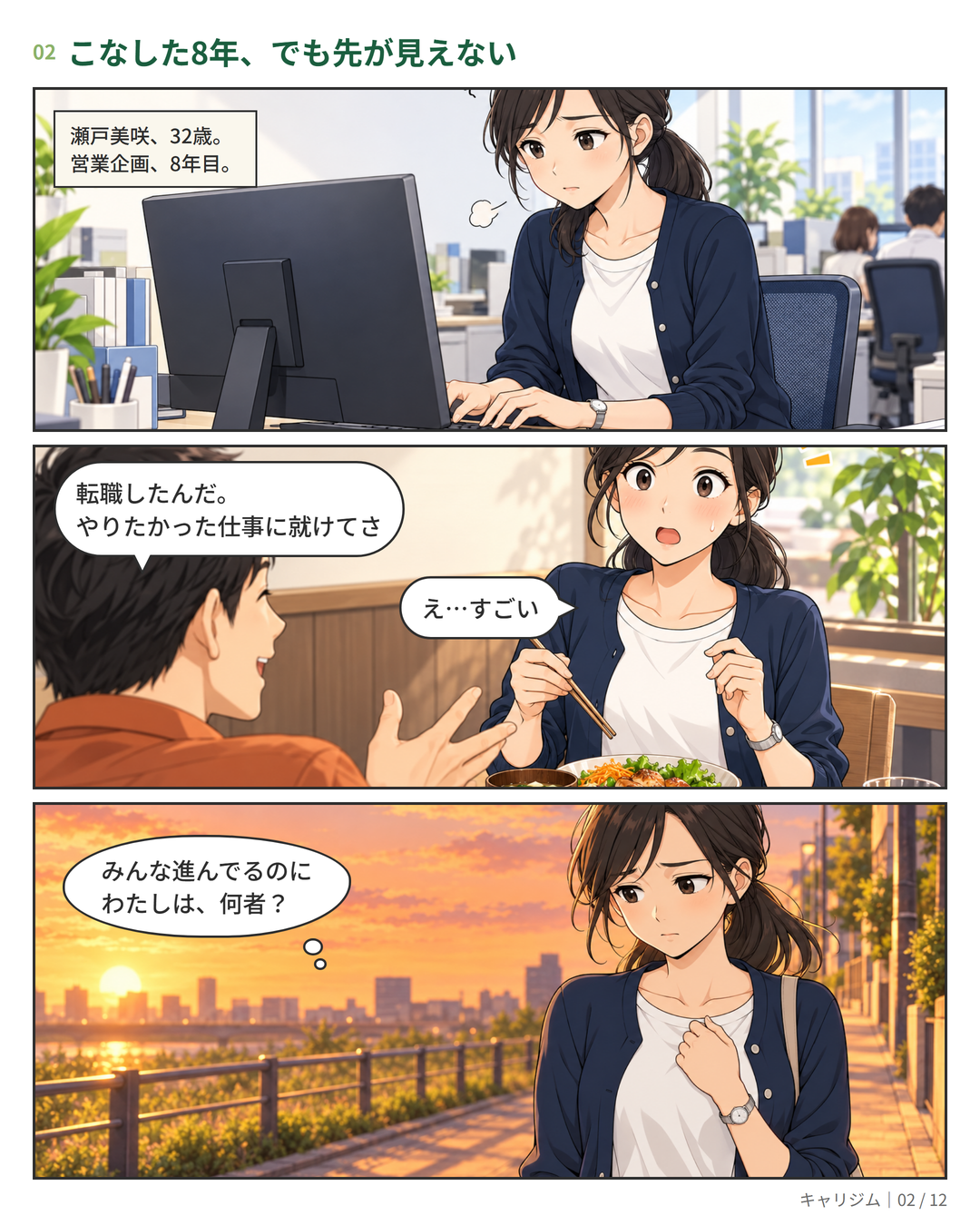 漫画 2ページ:営業企画8年目の美咲。同期の転職の話を聞き、帰り道で「わたしは、何者?」と立ち止まる