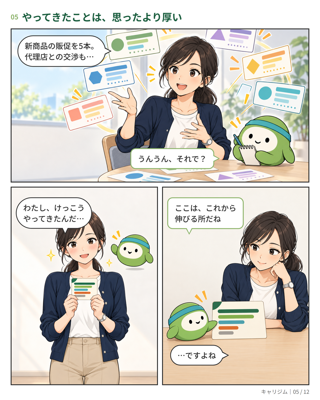 漫画 5ページ:これまでの仕事を話し、値のカードを受け取って「けっこうやってきた」と照れる
